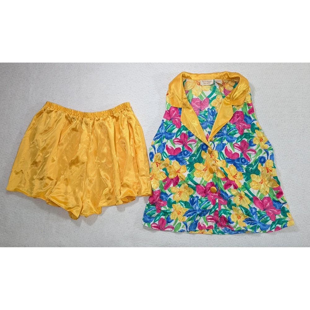 Vintage Victoria's Secret Gold Label Floral Satin Pajama Set M Yellow Tropical